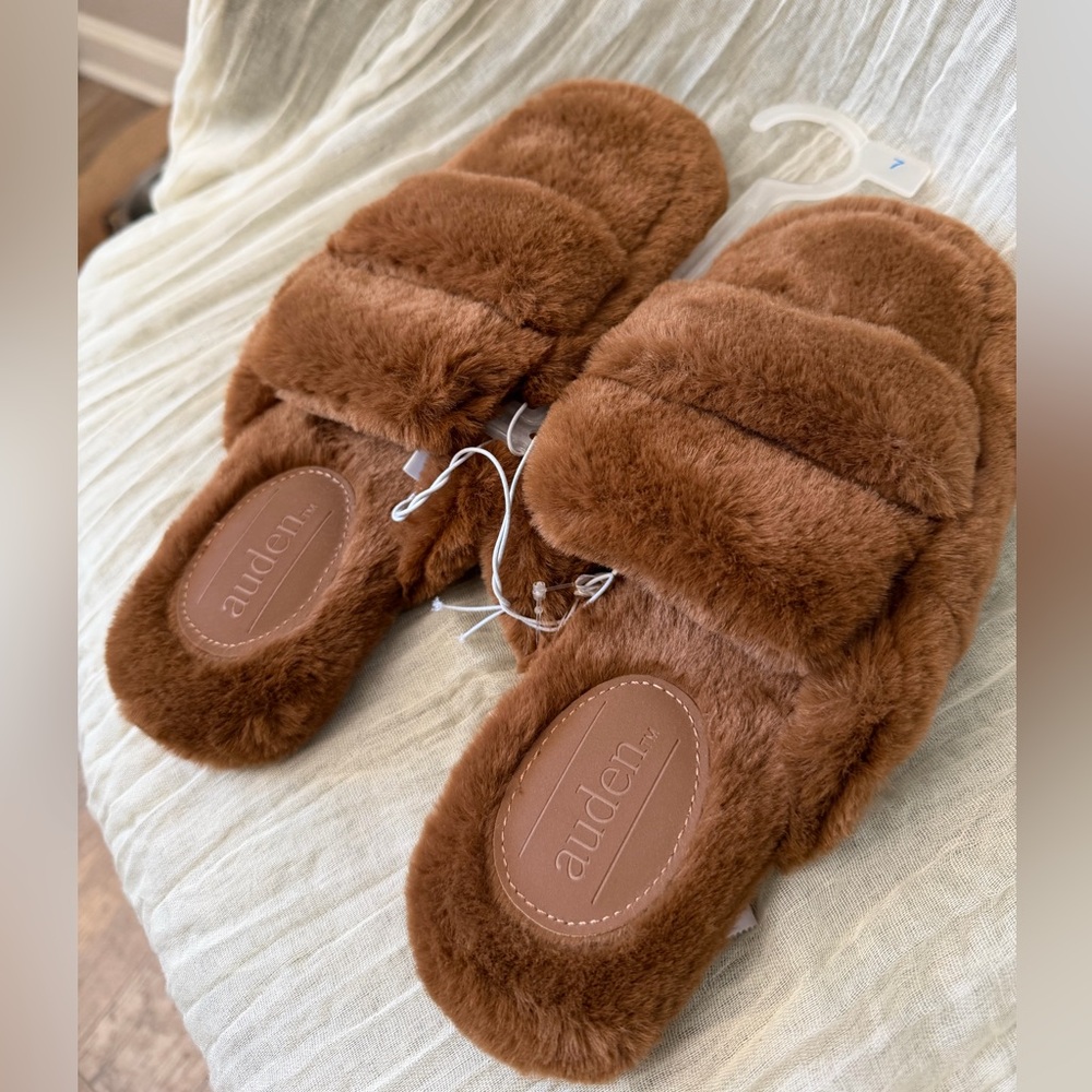 NWT auden - work from home Comfy Faux-Fur Slide Slippers in Chestnut Brown - Picture 6 of 6